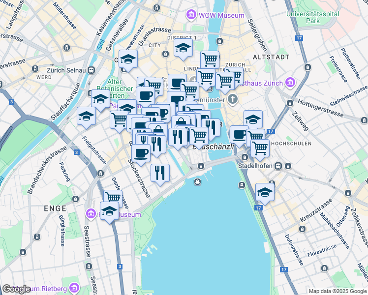 map of restaurants, bars, coffee shops, grocery stores, and more near 3 Bahnhofstrasse in Zürich