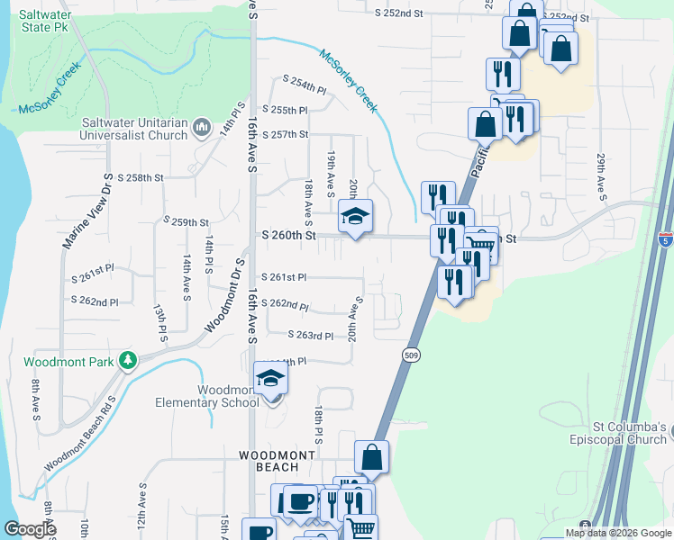 map of restaurants, bars, coffee shops, grocery stores, and more near 1843 South 261st Place in Des Moines