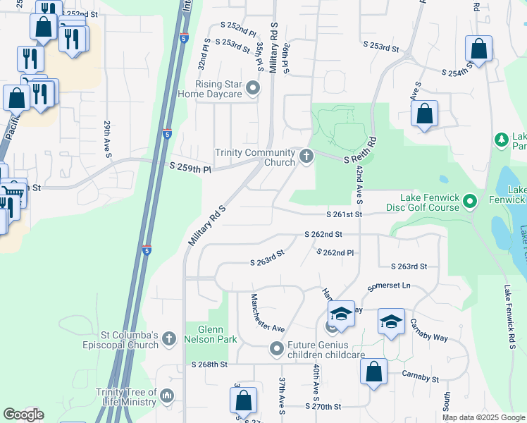 map of restaurants, bars, coffee shops, grocery stores, and more near 3511 South 261st Place in Kent
