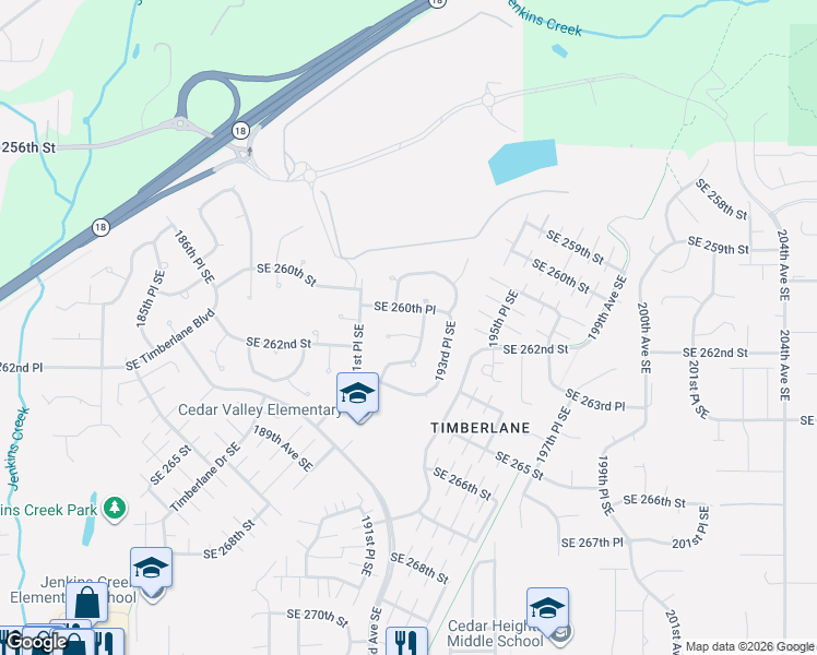 map of restaurants, bars, coffee shops, grocery stores, and more near 19142 Southeast 261st Place in Covington