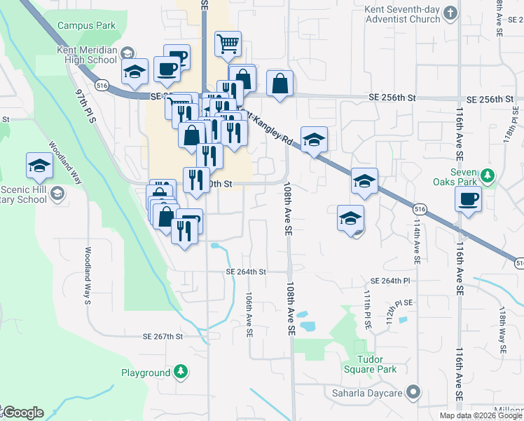 map of restaurants, bars, coffee shops, grocery stores, and more near 10619 Southeast 261st Place in Kent