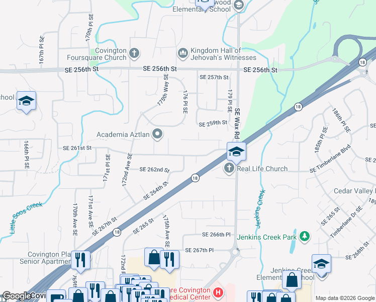 map of restaurants, bars, coffee shops, grocery stores, and more near 17625 Southeast 260th Place in Covington