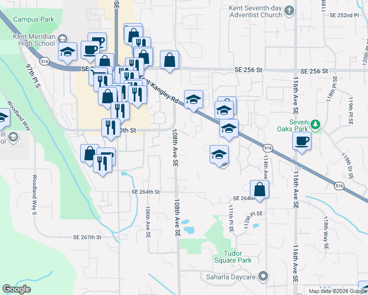 map of restaurants, bars, coffee shops, grocery stores, and more near 10824 Southeast 260th Street in Kent