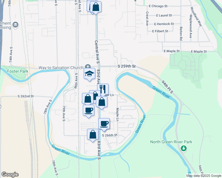 map of restaurants, bars, coffee shops, grocery stores, and more near 470 Central Avenue South in Kent