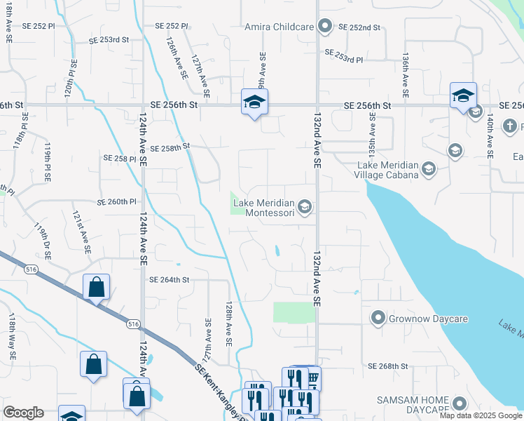 map of restaurants, bars, coffee shops, grocery stores, and more near 25963 129th Place Southeast in Kent