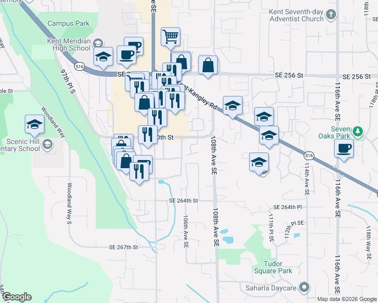 map of restaurants, bars, coffee shops, grocery stores, and more near 26018 106th Place Southeast in Kent