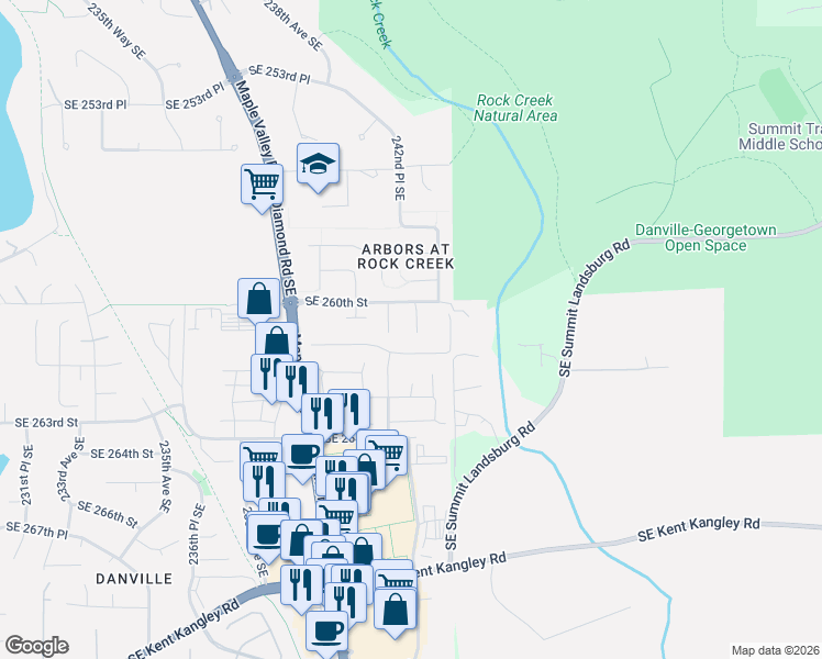 map of restaurants, bars, coffee shops, grocery stores, and more near 24305 Southeast 260th Street in Maple Valley