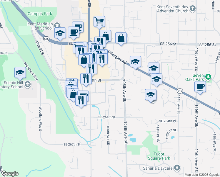 map of restaurants, bars, coffee shops, grocery stores, and more near 26018 106th Place Southeast in Kent