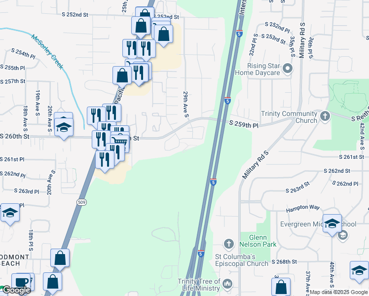map of restaurants, bars, coffee shops, grocery stores, and more near 26001 27th Place South in Kent