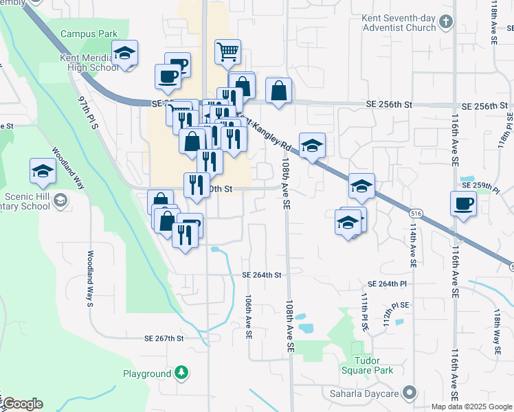 map of restaurants, bars, coffee shops, grocery stores, and more near 10619 Southeast 261st Place in Kent