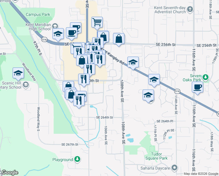 map of restaurants, bars, coffee shops, grocery stores, and more near 10605 Southeast 261st Place in Kent