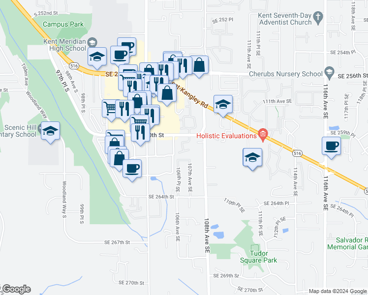 map of restaurants, bars, coffee shops, grocery stores, and more near 26018 106th Place Southeast in Kent