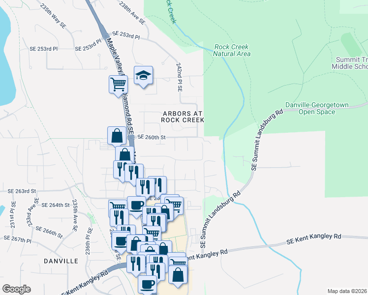 map of restaurants, bars, coffee shops, grocery stores, and more near 26029 242nd Place Southeast in Maple Valley