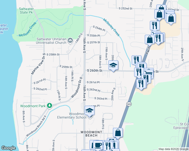 map of restaurants, bars, coffee shops, grocery stores, and more near 1641 South 260th Street in Des Moines