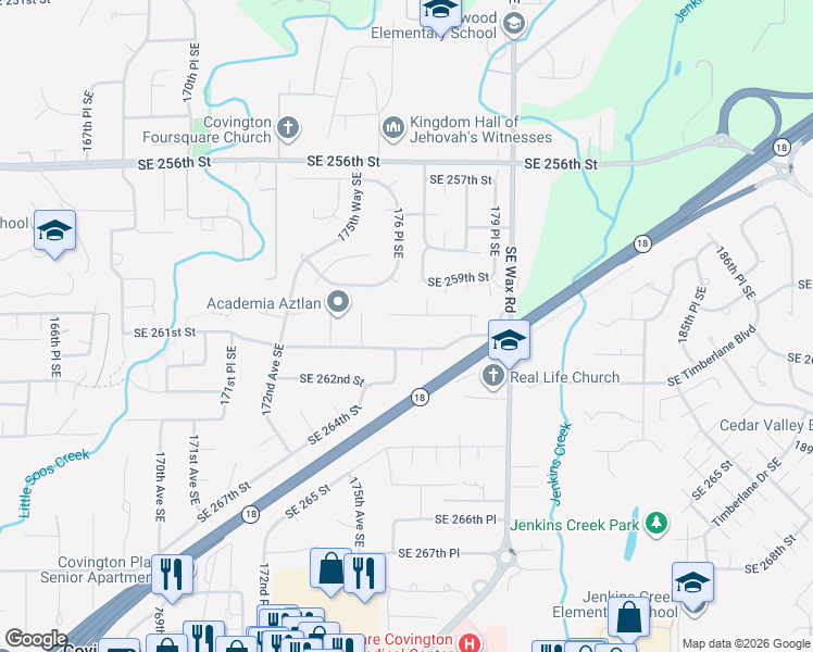 map of restaurants, bars, coffee shops, grocery stores, and more near 17625 Southeast 260th Place in Covington