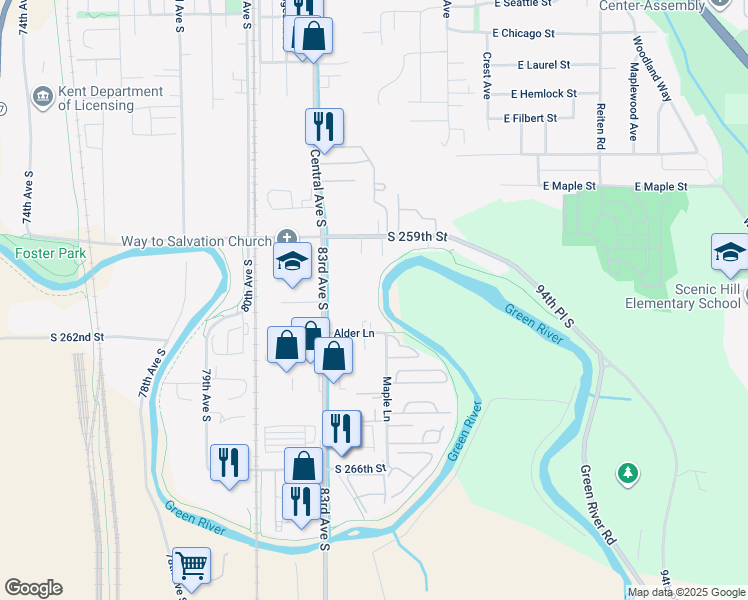 map of restaurants, bars, coffee shops, grocery stores, and more near 470 Central Avenue South in Kent