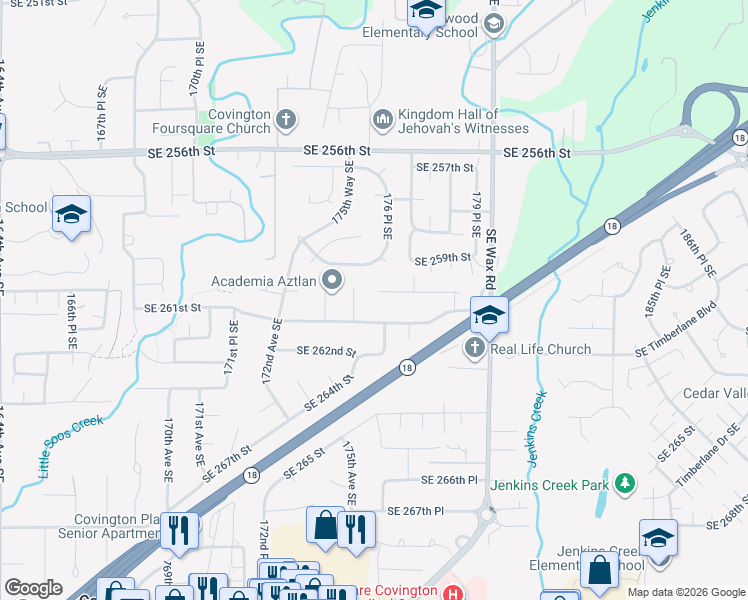 map of restaurants, bars, coffee shops, grocery stores, and more near 26006 175th Avenue Southeast in Covington
