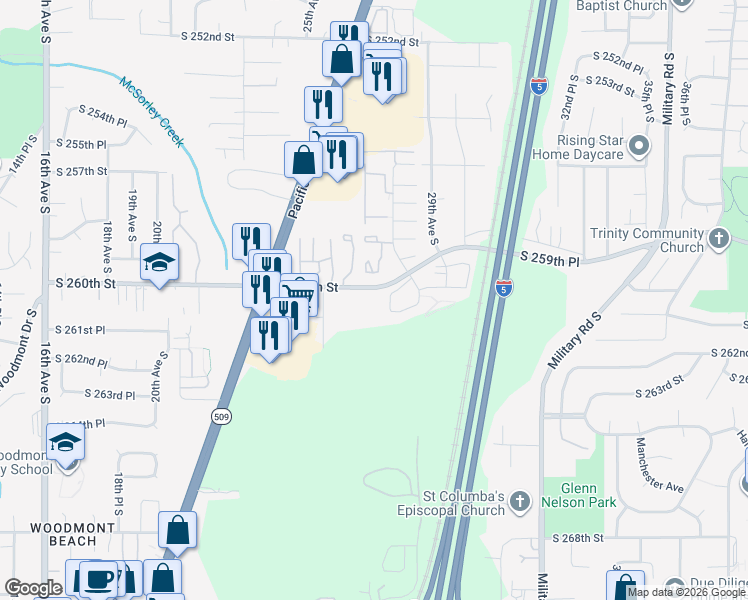map of restaurants, bars, coffee shops, grocery stores, and more near 25837 26th Place South in Kent
