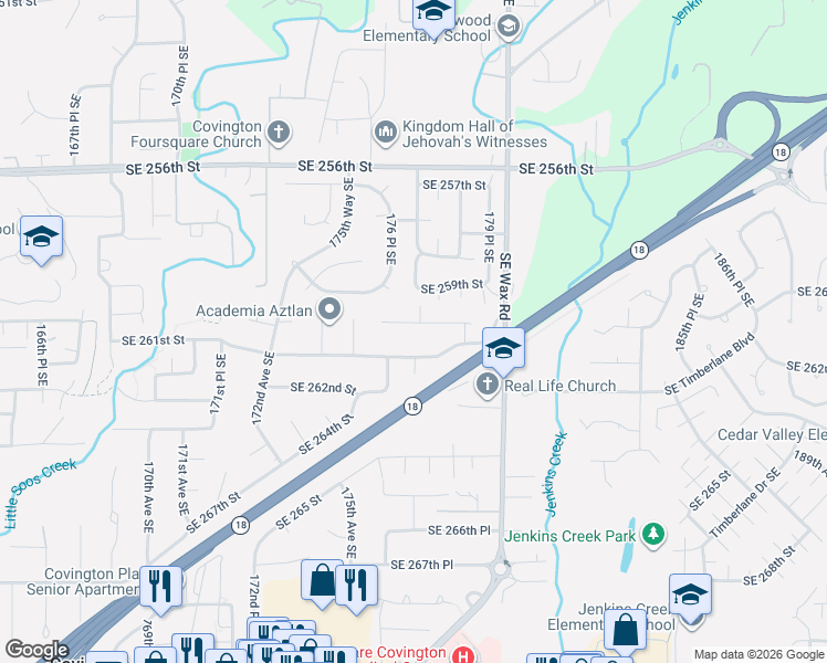 map of restaurants, bars, coffee shops, grocery stores, and more near 17625 Southeast 260th Place in Covington