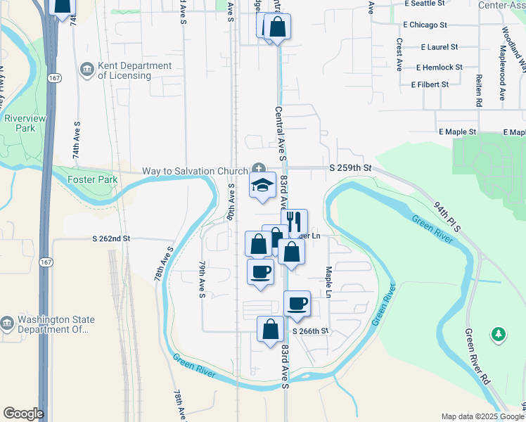 map of restaurants, bars, coffee shops, grocery stores, and more near 26015 80th Ave S in Kent
