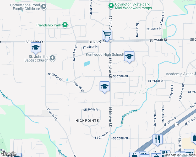 map of restaurants, bars, coffee shops, grocery stores, and more near 16213 Southeast 260th Street in Covington