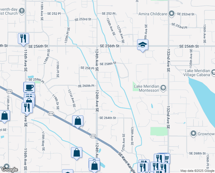 map of restaurants, bars, coffee shops, grocery stores, and more near 26010 124th Avenue Southeast in Kent