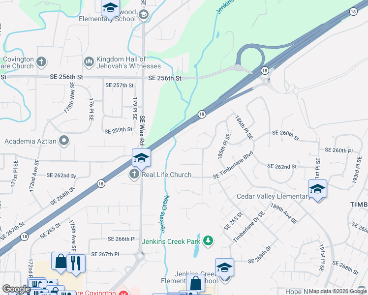 map of restaurants, bars, coffee shops, grocery stores, and more near 18221 Southeast 260th Place in Covington
