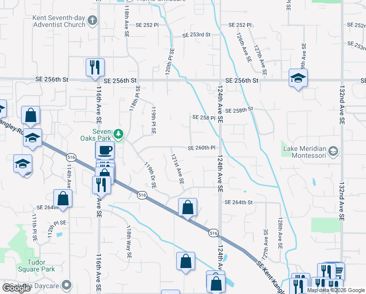 map of restaurants, bars, coffee shops, grocery stores, and more near 12137 Southeast 260th Place in Kent