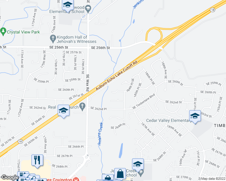 map of restaurants, bars, coffee shops, grocery stores, and more near 18221 Southeast 260th Place in Covington