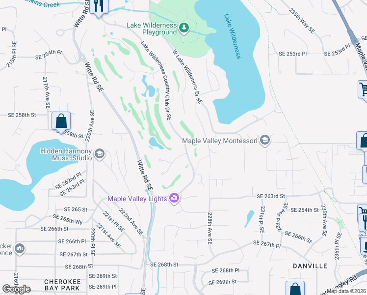 map of restaurants, bars, coffee shops, grocery stores, and more near 26021 Lake Wilderness Country Club Drive Southeast in Maple Valley