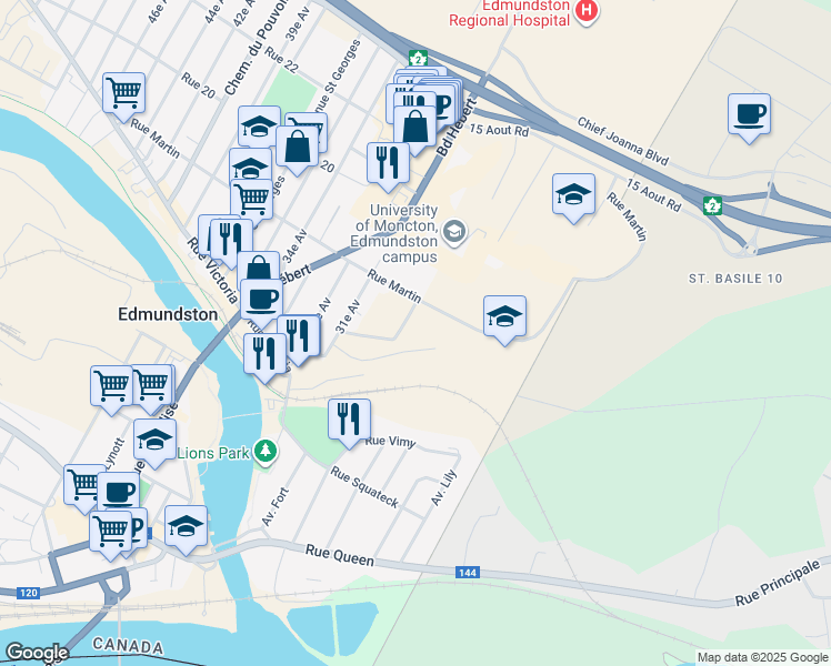 map of restaurants, bars, coffee shops, grocery stores, and more near 25 30e Av in Edmundston