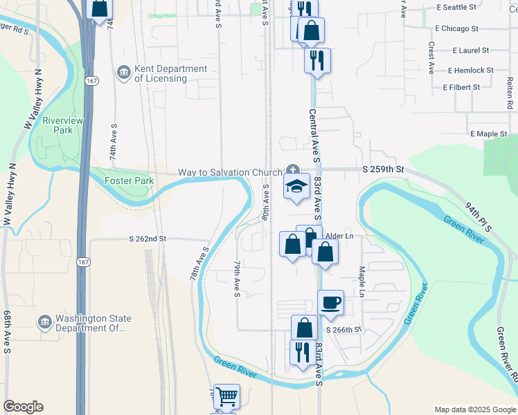 map of restaurants, bars, coffee shops, grocery stores, and more near 26015 80th Avenue South in Kent