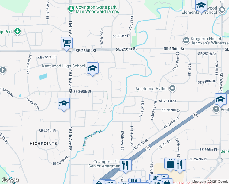 map of restaurants, bars, coffee shops, grocery stores, and more near 16825 Southeast 260th Street in Covington