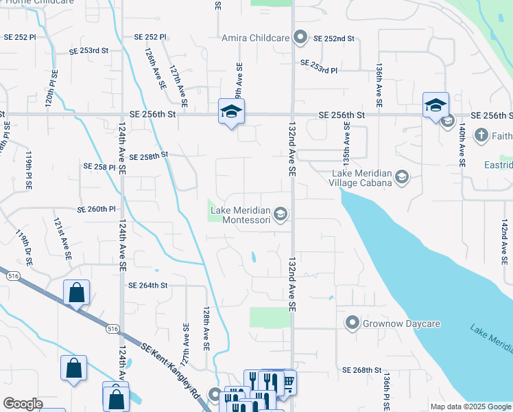 map of restaurants, bars, coffee shops, grocery stores, and more near 25951 130th Place Southeast in Kent
