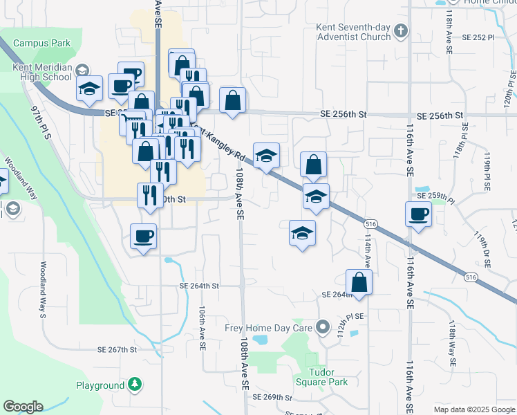 map of restaurants, bars, coffee shops, grocery stores, and more near 10824 Southeast 260th Street in Kent