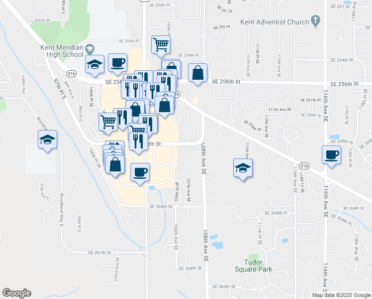 map of restaurants, bars, coffee shops, grocery stores, and more near 26018 106th Place Southeast in Kent