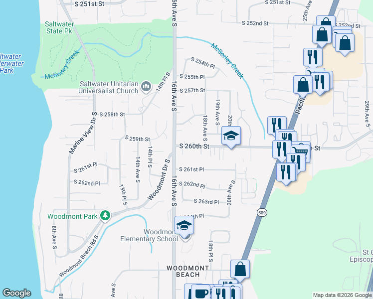 map of restaurants, bars, coffee shops, grocery stores, and more near 1641 South 260th Street in Des Moines
