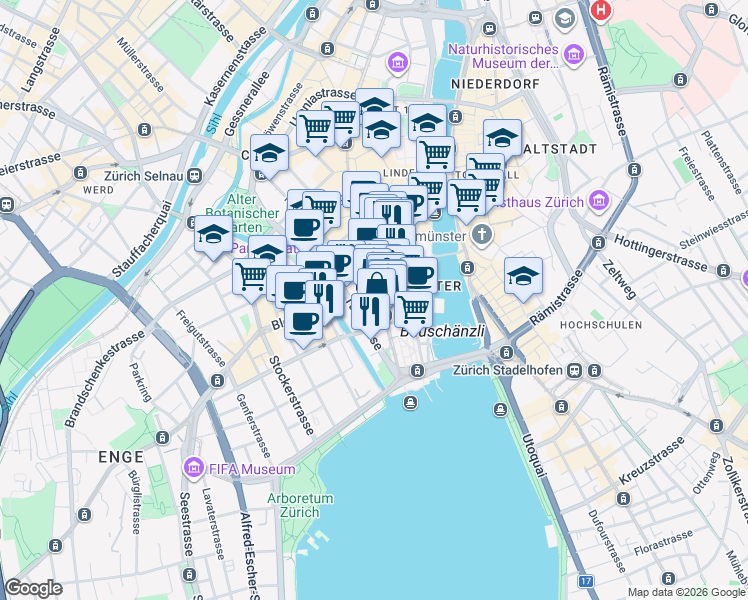 map of restaurants, bars, coffee shops, grocery stores, and more near 11a Bahnhofstrasse in Zürich