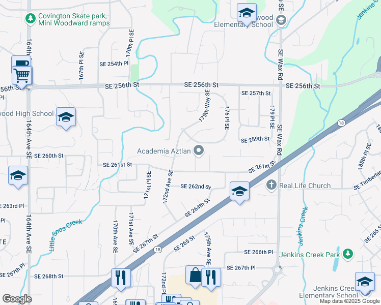 map of restaurants, bars, coffee shops, grocery stores, and more near 26005 174th Avenue Southeast in Kent