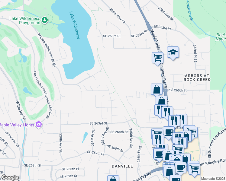 map of restaurants, bars, coffee shops, grocery stores, and more near 23412 Southeast 260th Court in Maple Valley