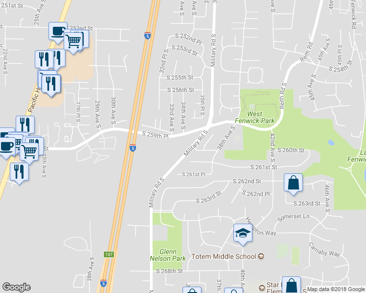map of restaurants, bars, coffee shops, grocery stores, and more near 25921 Military Road South in Kent
