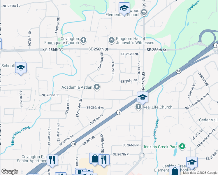 map of restaurants, bars, coffee shops, grocery stores, and more near 26006 175th Avenue Southeast in Covington