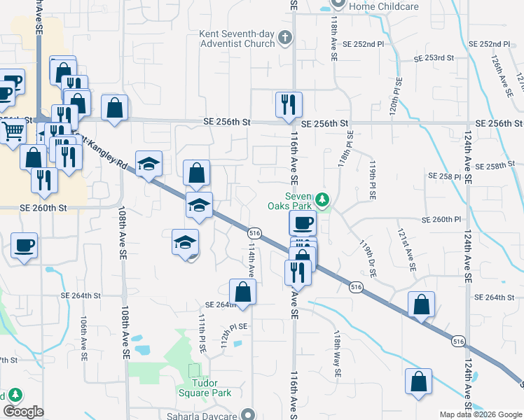 map of restaurants, bars, coffee shops, grocery stores, and more near 16921 Southeast 257th Place in Covington