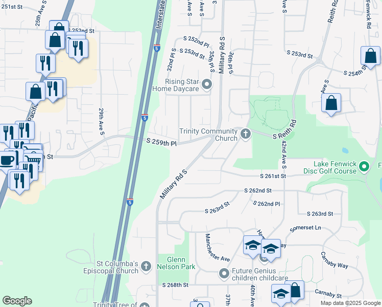 map of restaurants, bars, coffee shops, grocery stores, and more near 25921 Military Road South in Kent