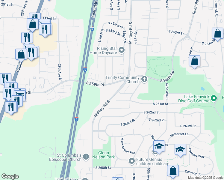 map of restaurants, bars, coffee shops, grocery stores, and more near 25921 Military Road South in Kent