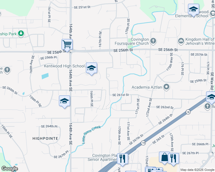map of restaurants, bars, coffee shops, grocery stores, and more near 25917 168th Place Southeast in Kent