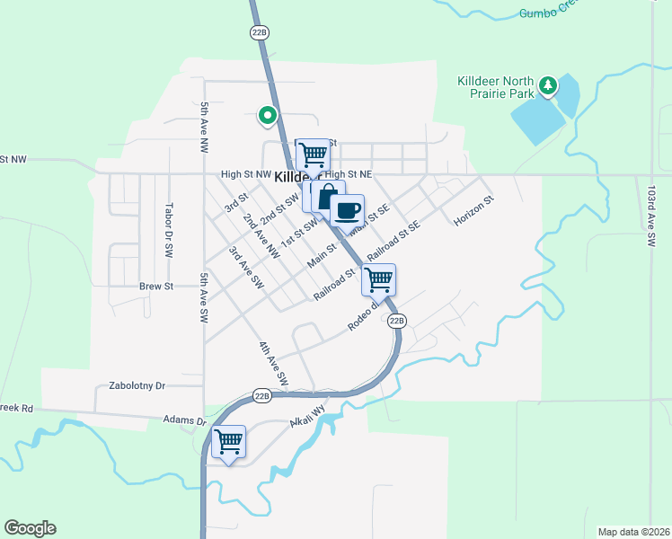 map of restaurants, bars, coffee shops, grocery stores, and more near 200-244 Railroad Street in Killdeer