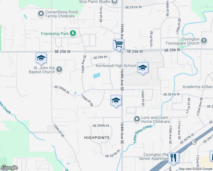 map of restaurants, bars, coffee shops, grocery stores, and more near 16207 Southeast 260th Street in Covington