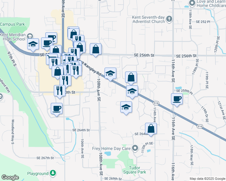 map of restaurants, bars, coffee shops, grocery stores, and more near 10824 Southeast 260th Street in Kent
