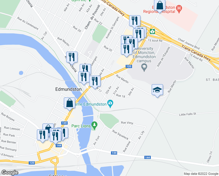 map of restaurants, bars, coffee shops, grocery stores, and more near 32e Av in Edmundston